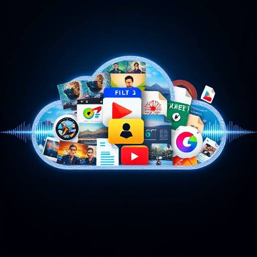 A collage of diverse digital files – images, videos, documents, and audio waveforms – floating within a cloud storage interface, highlighting versatile media sharing.