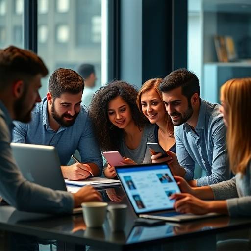 A diverse team collaborating on a Telegram interface displayed across multiple devices like laptops and smartphones, symbolizing productivity and business use.