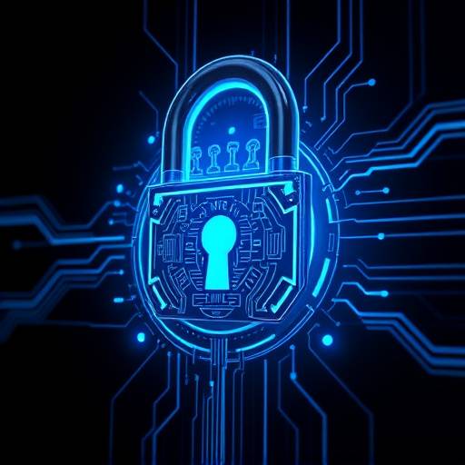 A stylized digital lock overlayed with a flowing data stream, symbolizing advanced encryption and data security.