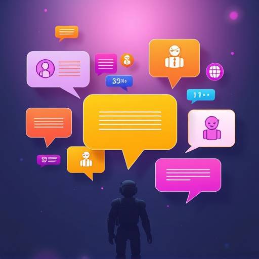 A vibrant infographic depicting interconnected chat bubbles, channel icons, and robot silhouettes, illustrating diverse communication features.